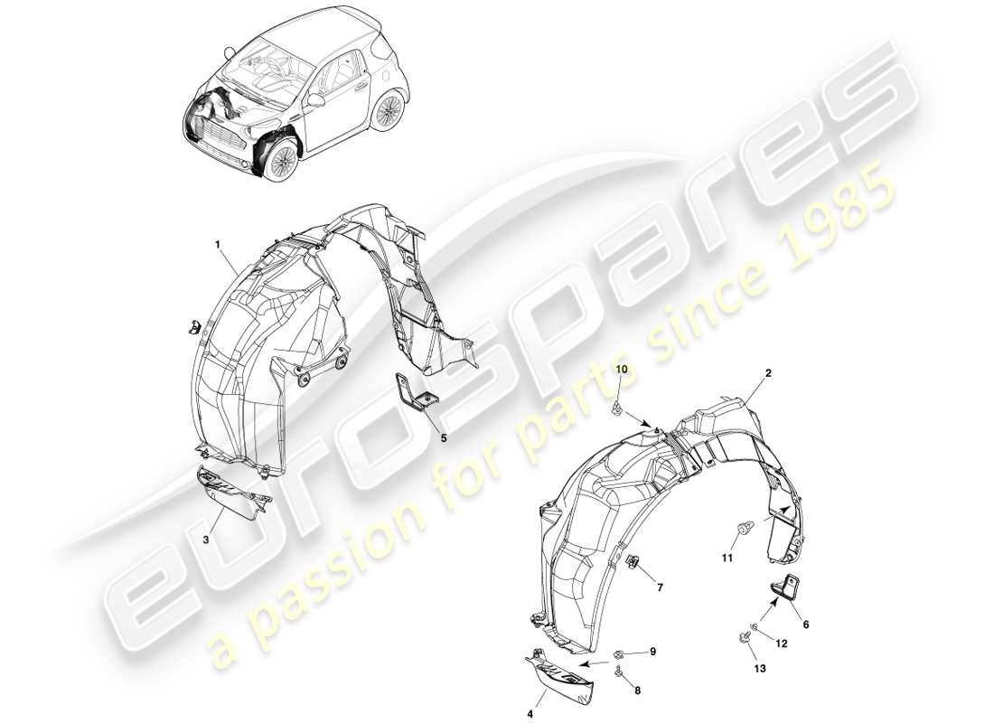 aston martin cygnet (2012) diagramma delle parti dei rivestimenti del passaruota anteriore