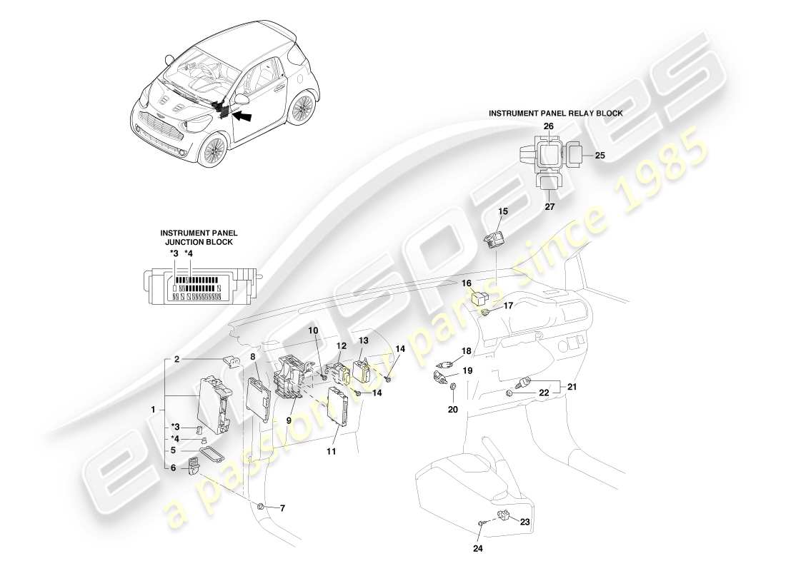 aston martin cygnet (2012) sensori e relè diagramma delle parti