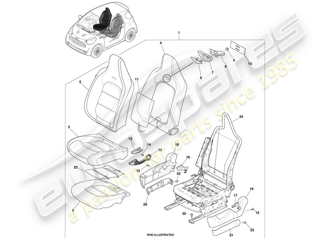 aston martin cygnet (2012) sedile anteriore, conducente diagramma delle parti