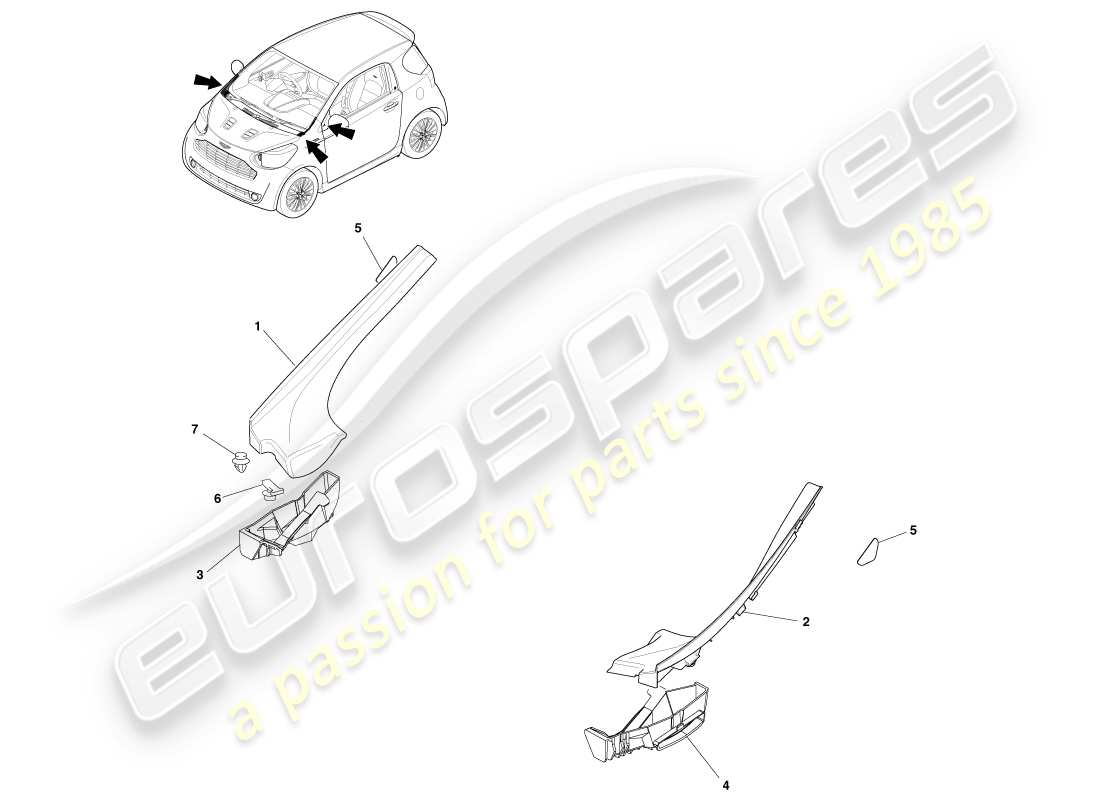 aston martin cygnet (2012) diagramma delle parti delle finiture superiori esterne e del tetto