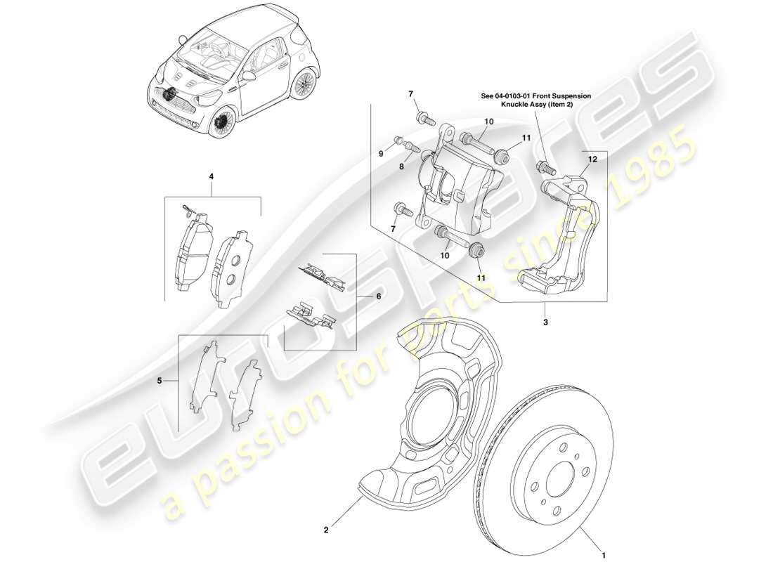 aston martin cygnet (2012) schema delle parti del gruppo disco freno anteriore