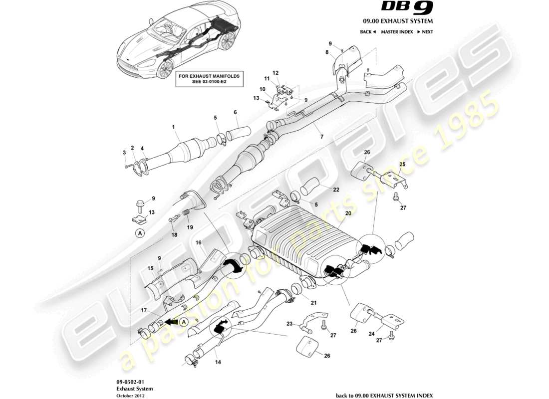 aston martin db9 (2016) diagramma delle parti del sistema di scarico