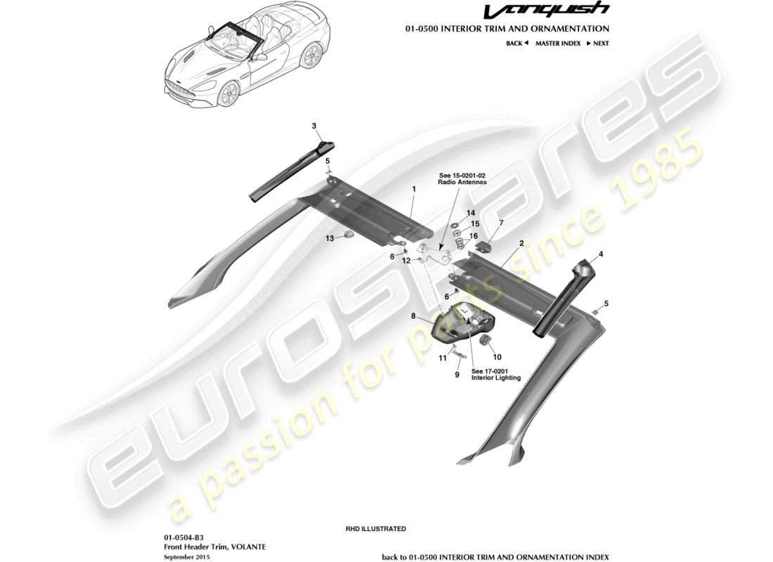 aston martin vanquish (2015) rivestimento della testata anteriore, volante diagramma delle parti