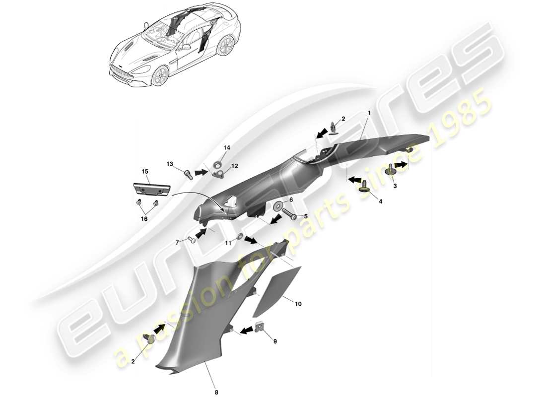 aston martin vanquish (2014) pannello di rivestimento del quarto posteriore, 2+0 diagramma delle parti del coupé