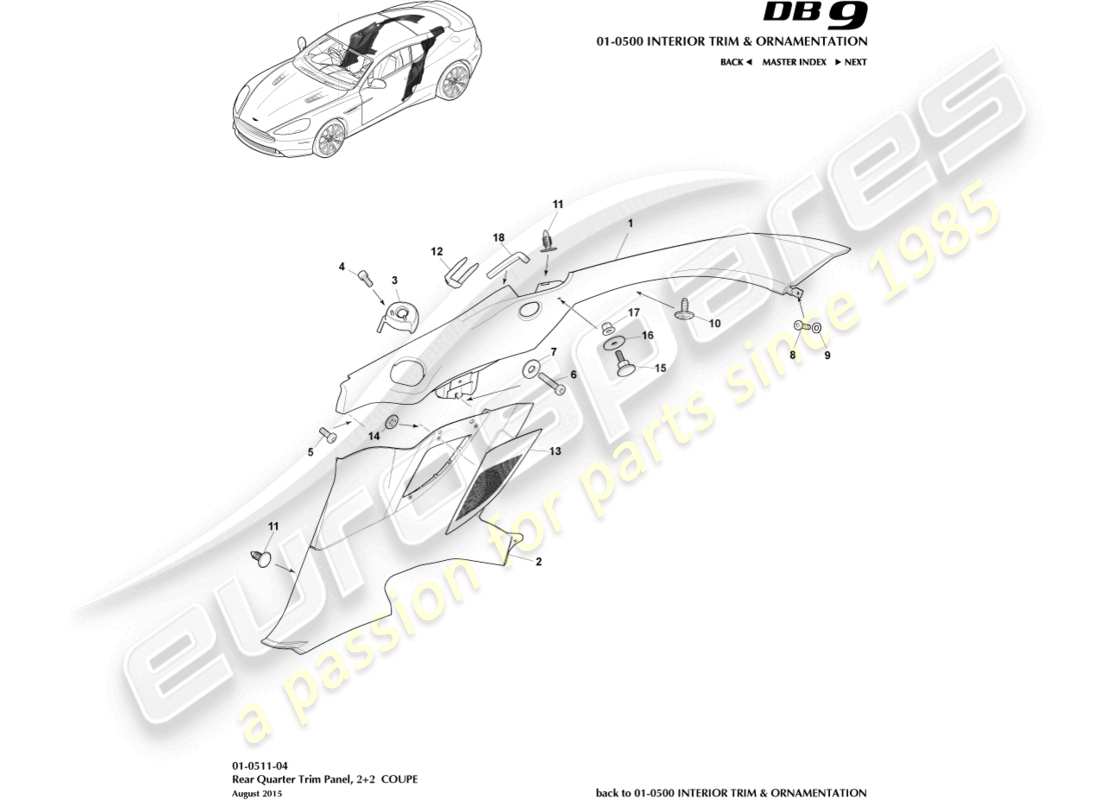 aston martin db9 (2014) pannello di rivestimento del quarto posteriore, 2+2 diagramma delle parti del coupé