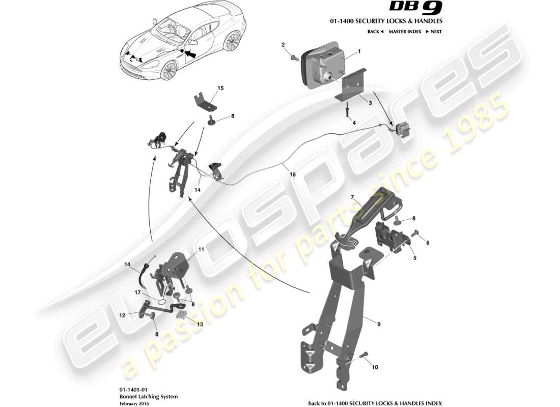 aston martin db9 (2014) diagramma delle parti di chiusura e attuazione del cofano