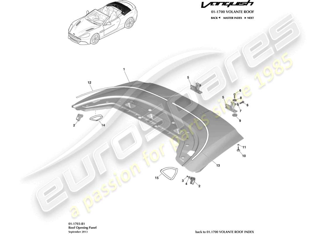 aston martin vanquish (2017) diagramma delle parti del pannello di apertura del tetto