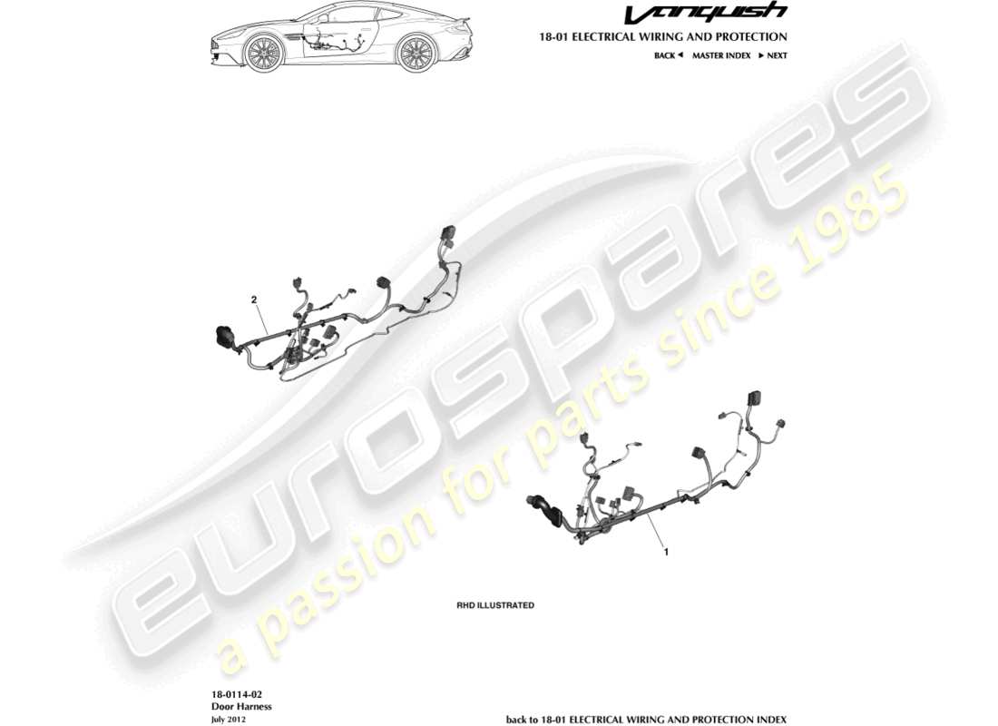 aston martin vanquish (2017) diagramma delle parti del cablaggio della porta