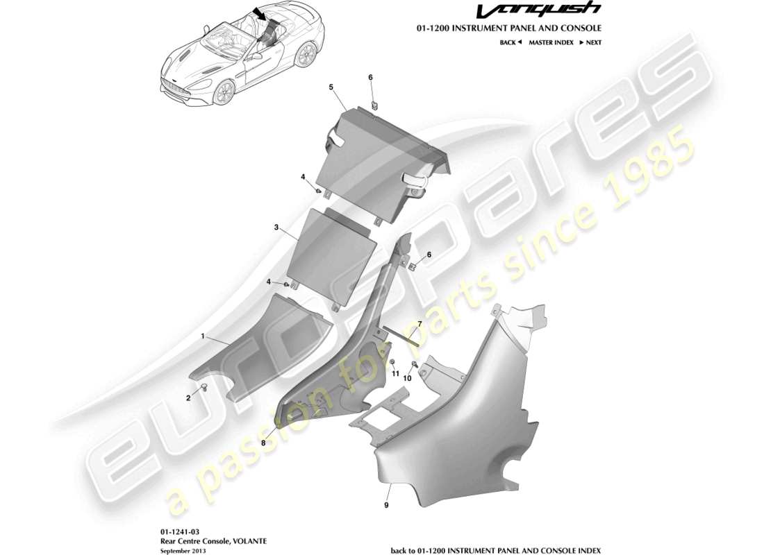 aston martin vanquish (2017) console posteriore, schema delle parti del volante