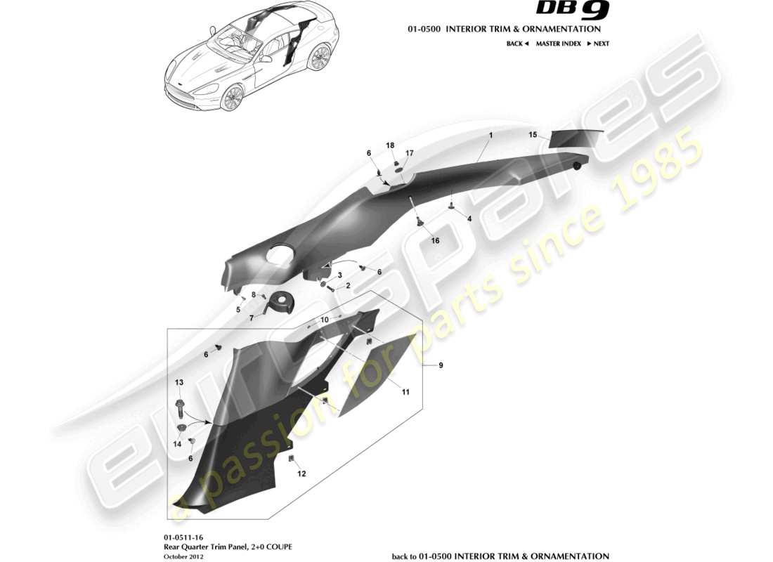 aston martin db9 (2014) pannello di rivestimento del quarto posteriore, 2+0 diagramma delle parti del coupé