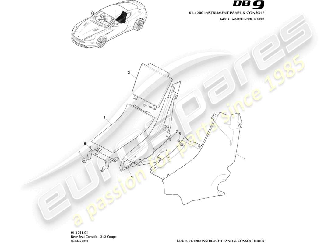 aston martin db9 (2016) schema delle parti console posteriore, coupé 2+2