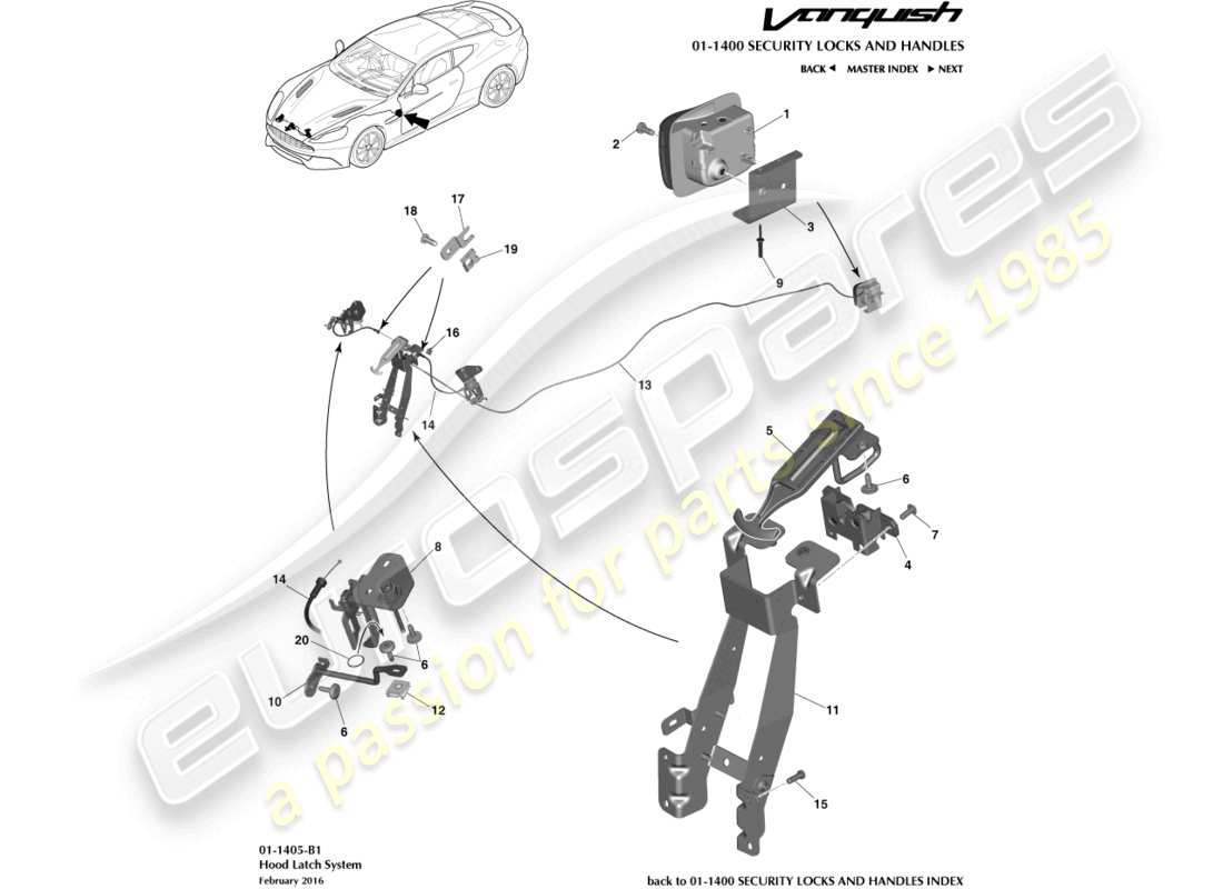 aston martin vanquish (2017) diagramma delle parti di chiusura e attuazione del cofano