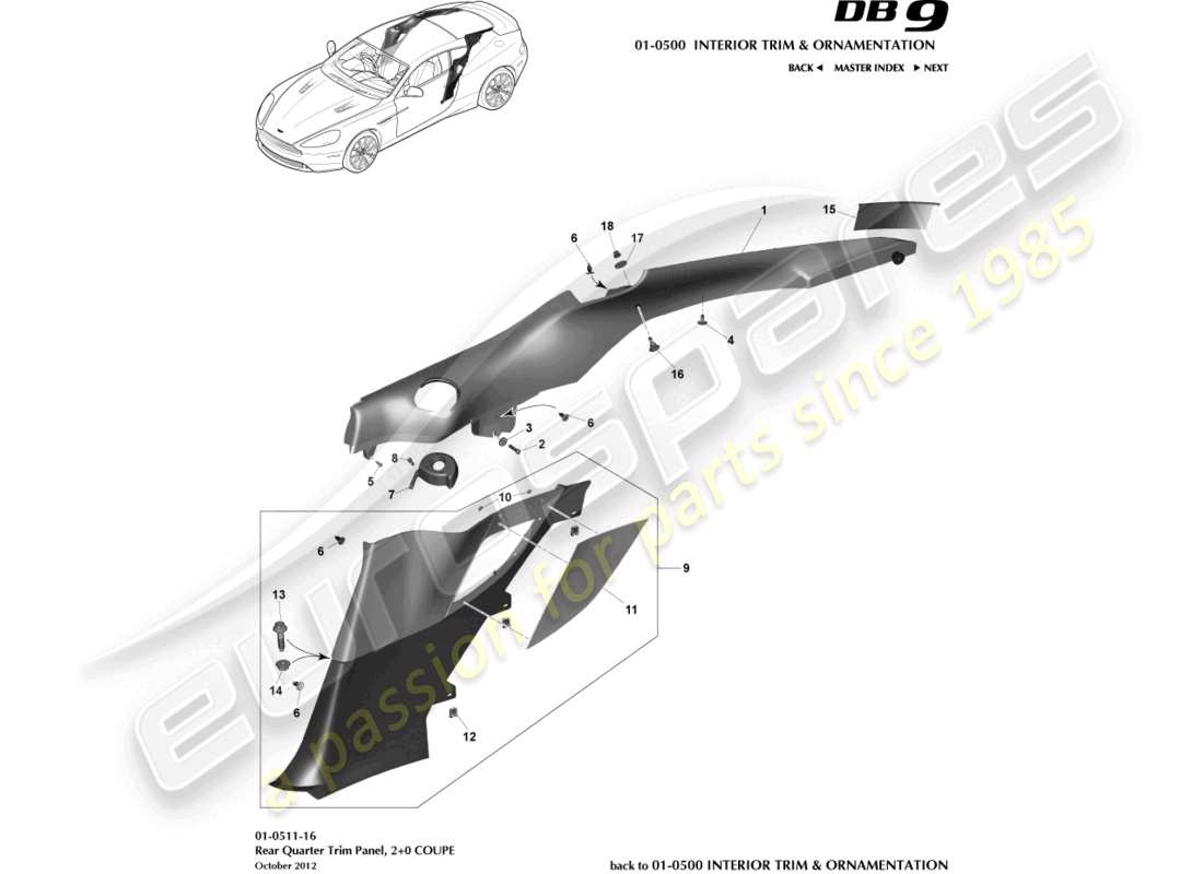 aston martin db9 (2016) pannello di rivestimento del quarto posteriore, 2+0 diagramma delle parti del coupé