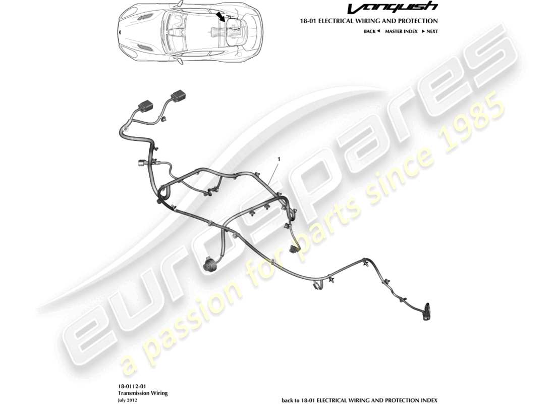 aston martin vanquish (2018) diagramma delle parti del cablaggio di trasmissione