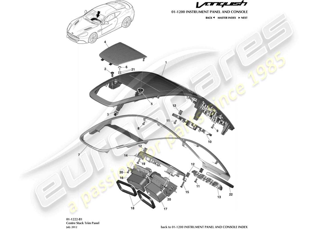 aston martin vanquish (2017) diagramma delle parti del pannello di rivestimento della pila centrale