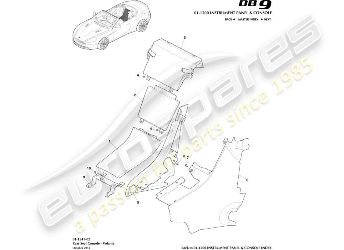 aston martin db9 (2014) console posteriore, schema delle parti del volante