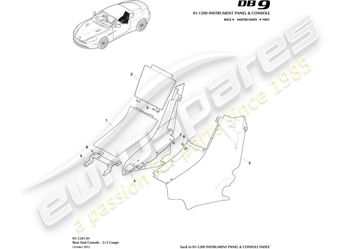 aston martin db9 (2014) schema delle parti console posteriore, coupé 2+2