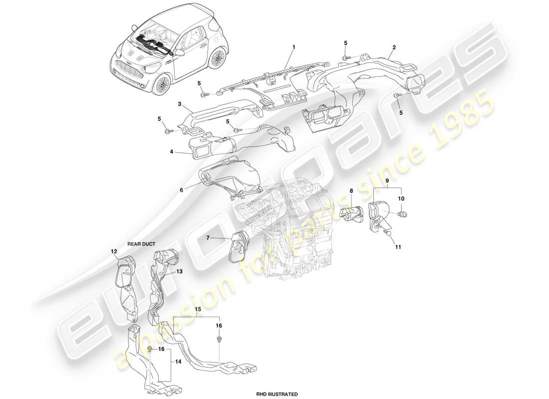 aston martin cygnet (2012) condotti di distribuzione dell'aria diagramma delle parti