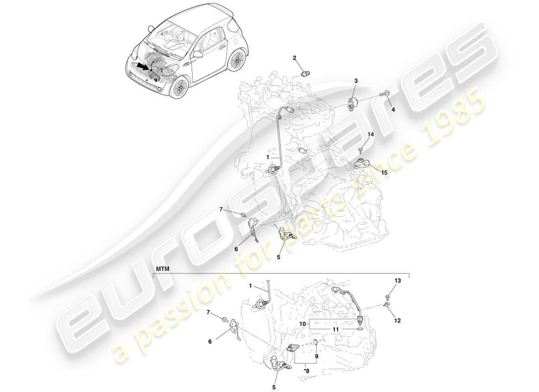 aston martin cygnet (2012) diagramma delle parti di interruttori e relè, motore e trasmissione