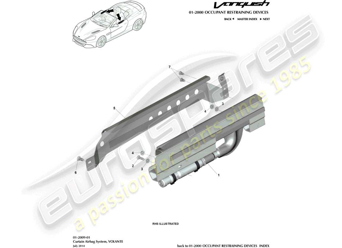 aston martin vanquish (2017) airbag a tendina, diagramma delle parti volante