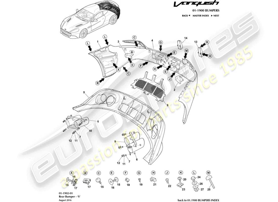 aston martin vanquish (2017) paraurti posteriore, schema delle parti s