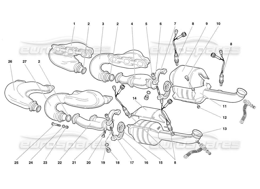 lamborghini diablo sv (1998) diagramma delle parti dell'impianto di scarico (valido per stati uniti e canada - novembre 1998).