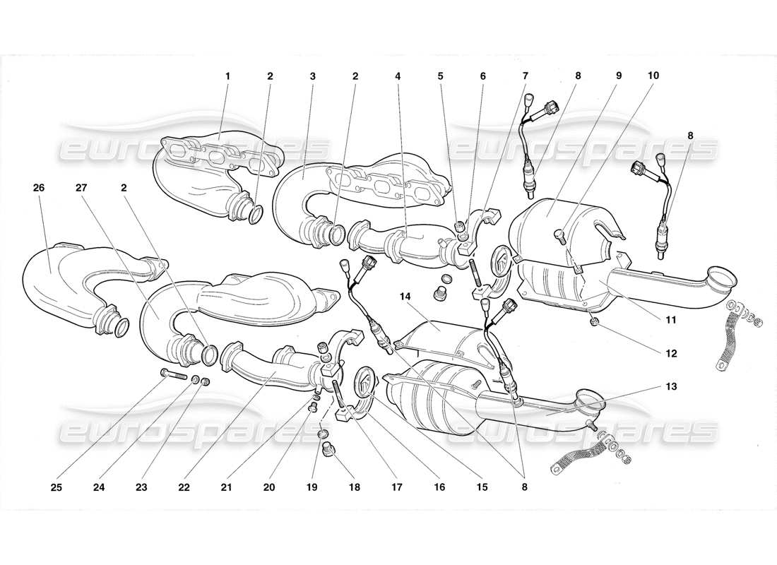 lamborghini diablo roadster (1998) schema delle parti del sistema di scarico (valido per usa e canada 1998).