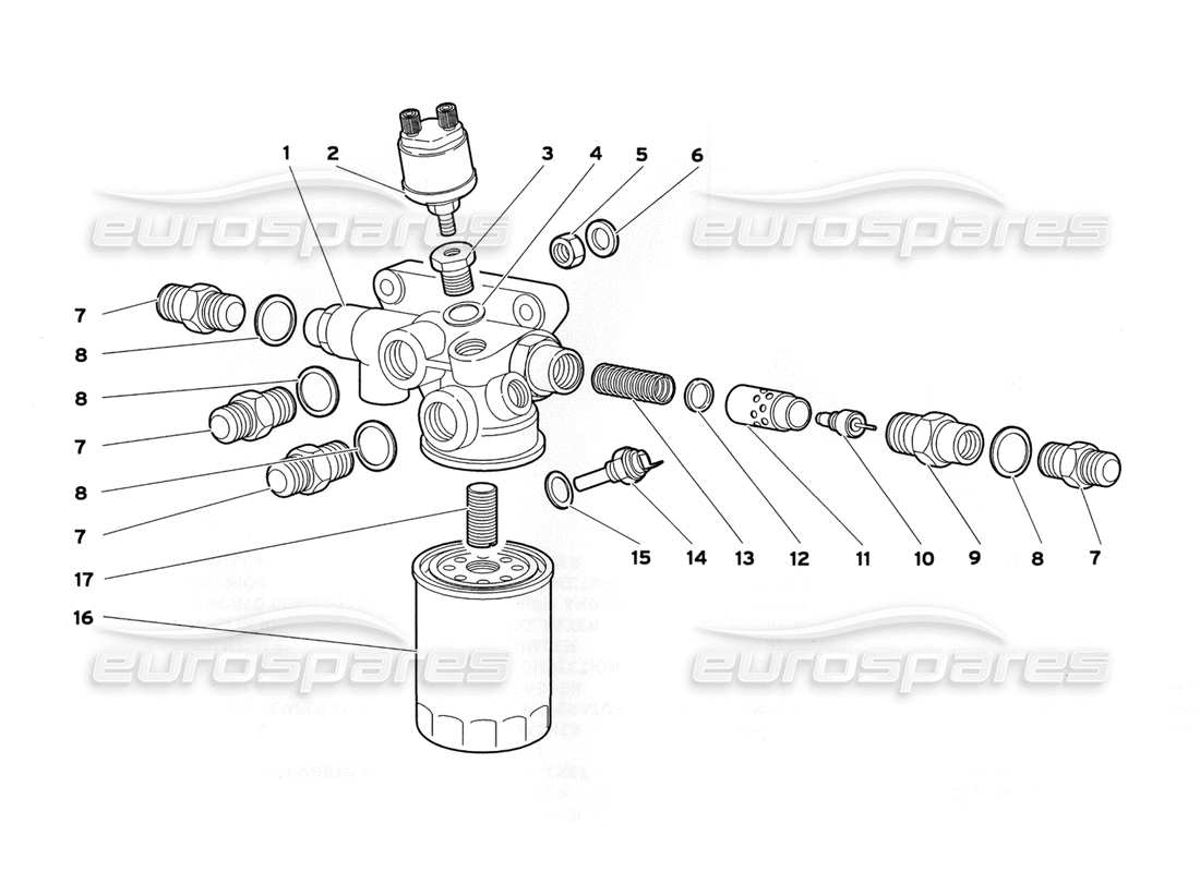 lamborghini diablo sv (1999) diagramma delle parti del filtro dell'olio motore e del termostato (valido per stati uniti e canada - luglio 1999).