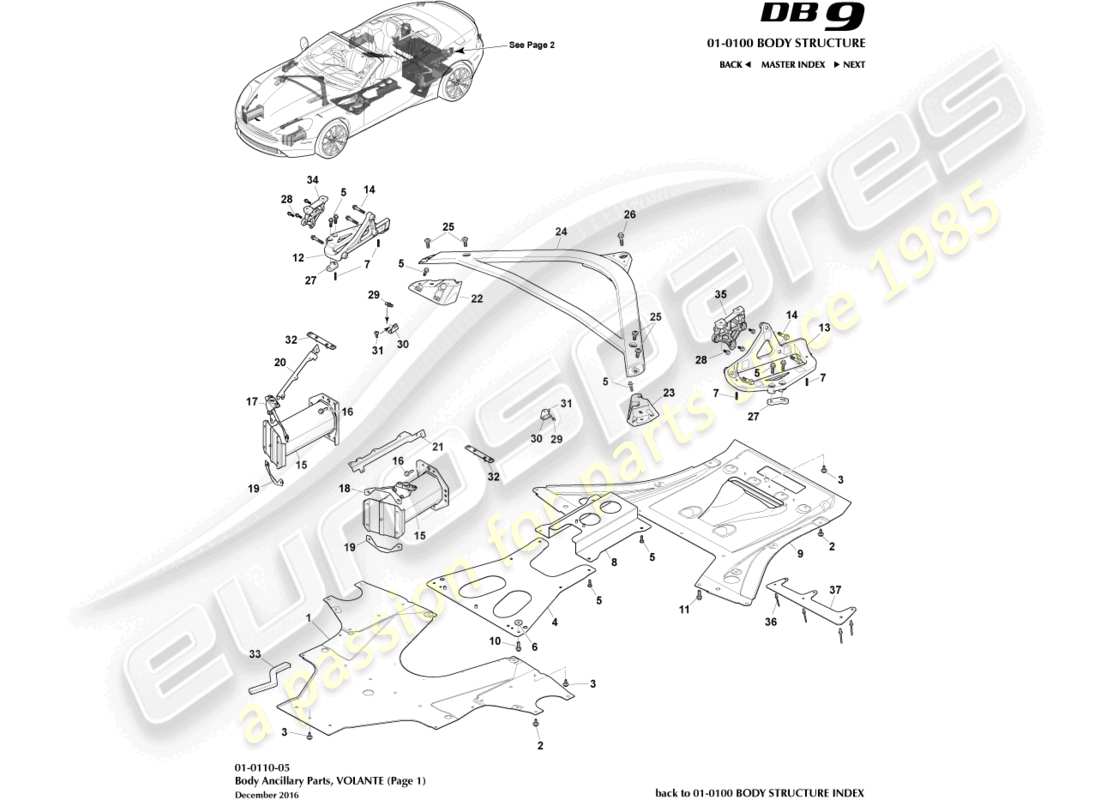 aston martin db9 (2014) parti ausiliarie, volante, pagina 1 diagramma delle parti