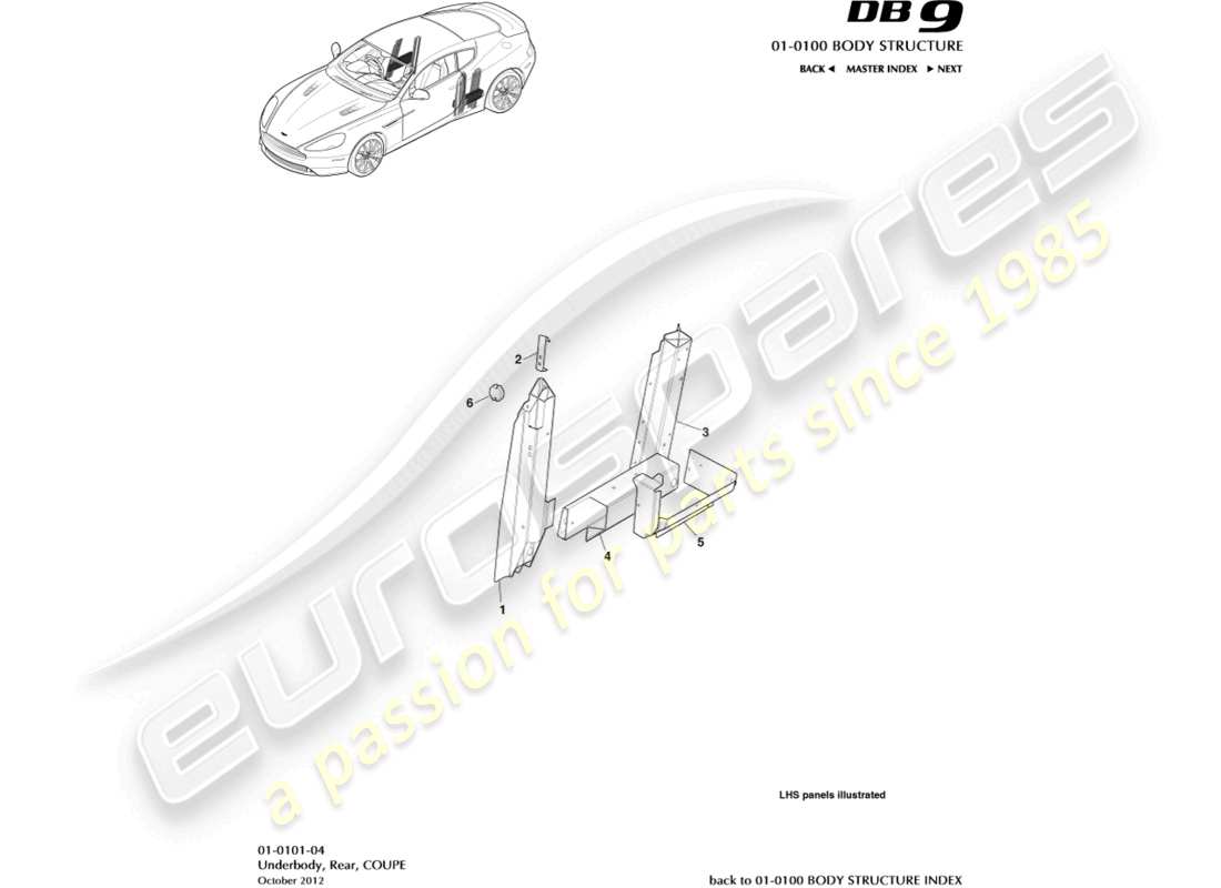 aston martin db9 (2016) schema delle parti sottoscocca, posteriore, coupé