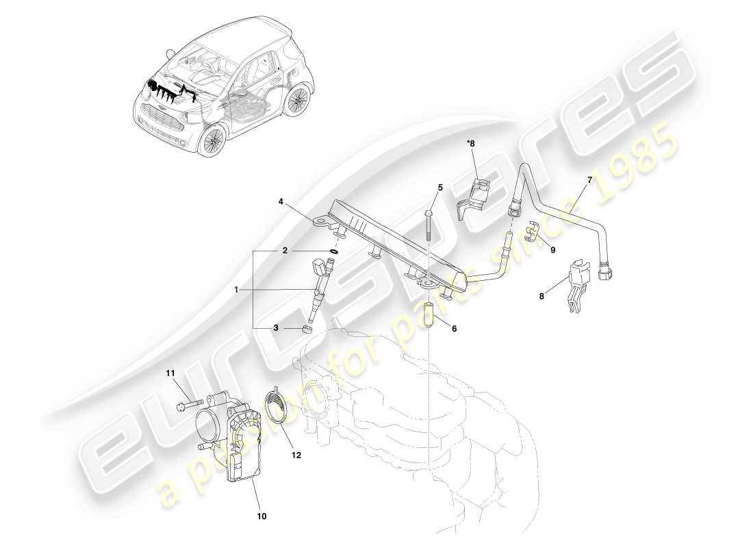 aston martin cygnet (2012) sistema di iniezione del carburante diagramma delle parti