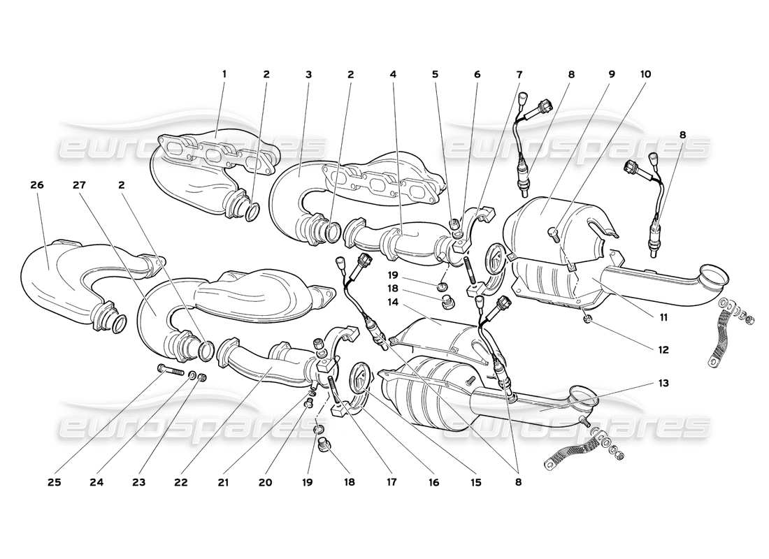 lamborghini diablo sv (1999) diagramma delle parti dell'impianto di scarico (valido per usa e canada - luglio 1999).