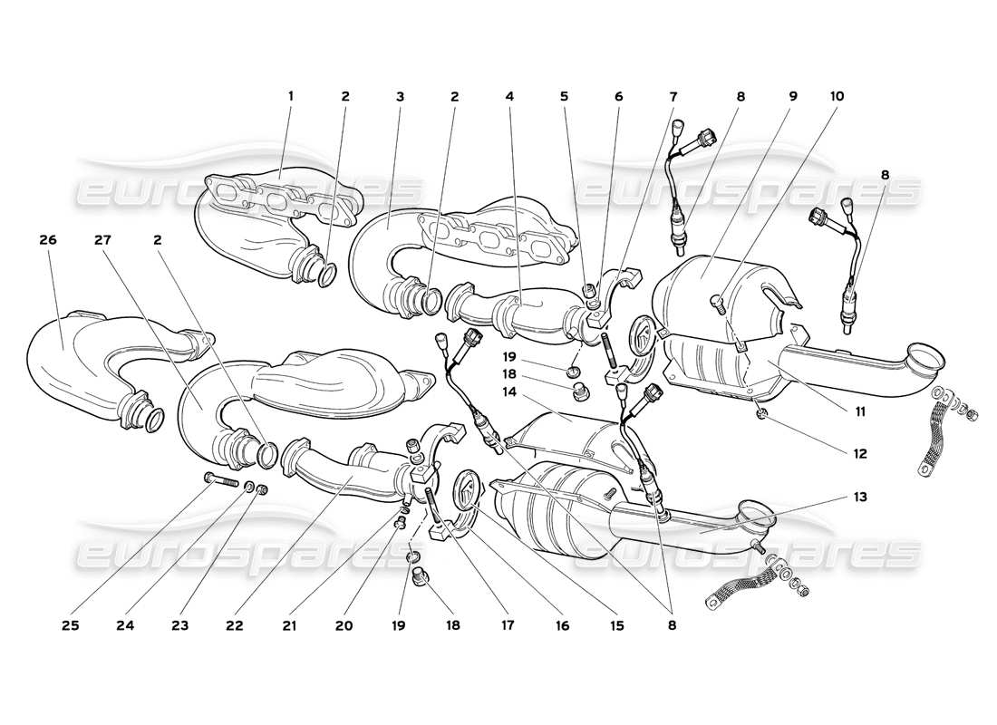 lamborghini diablo sv (1999) exhaust system (valid for usa and canada - july 1999) part diagram