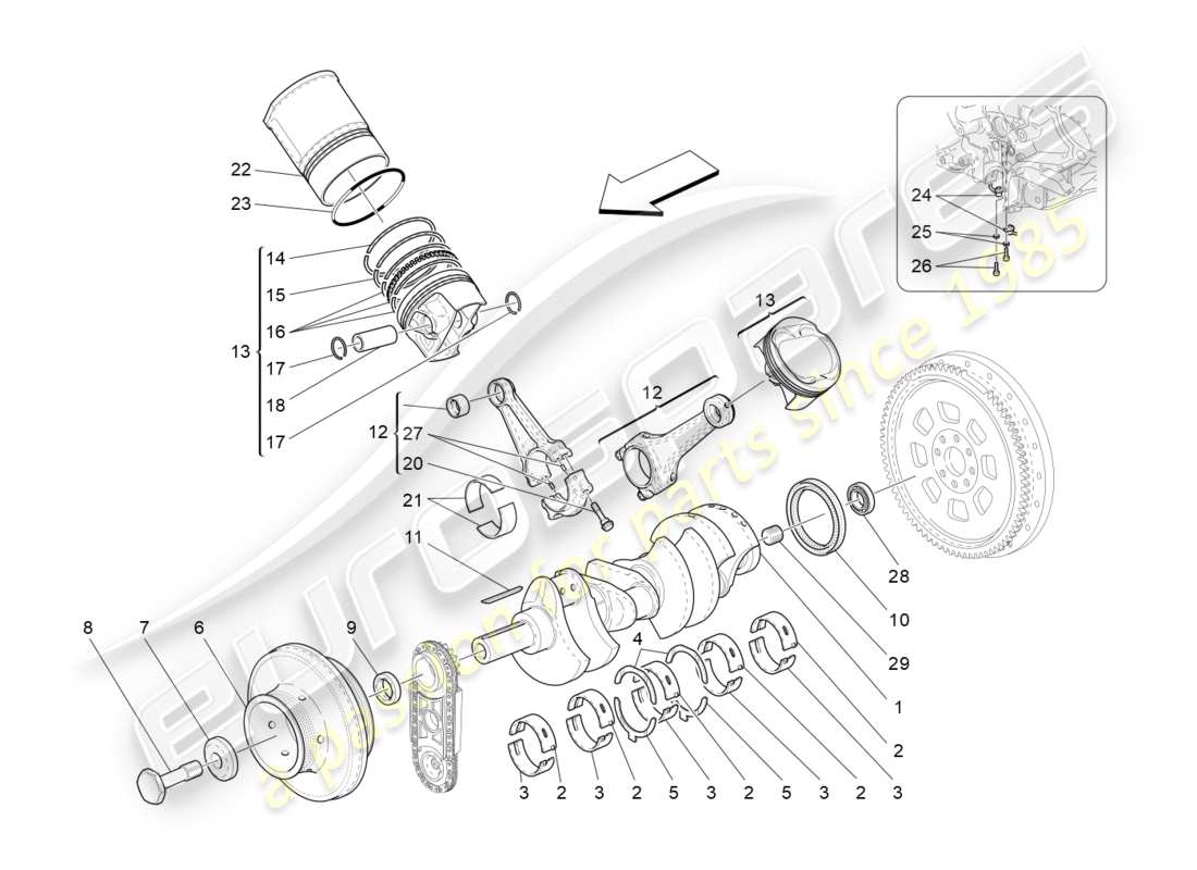 maserati granturismo (2009) diagramma delle parti del meccanismo a manovella