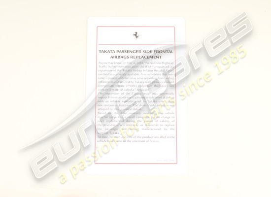 nuovo ferrari foglio informativo airbag codice articolo 89112300