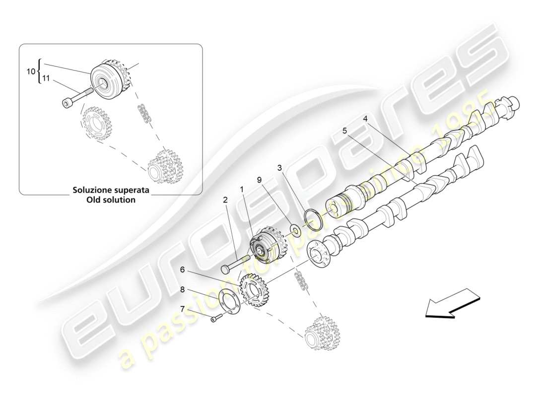 maserati granturismo (2011) diagramma delle parti degli alberi a camme della testata destra