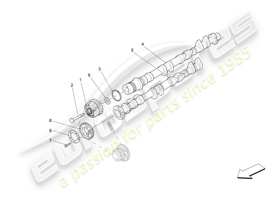 maserati granturismo s (2018) diagramma delle parti degli alberi a camme della testata destra